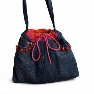 With Jean Blue and Red Denim Shoulder Bag